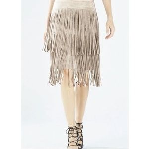 BCBG MaxAzria Rashell Faux Suede Fringe Skirt in Cream, Size 2